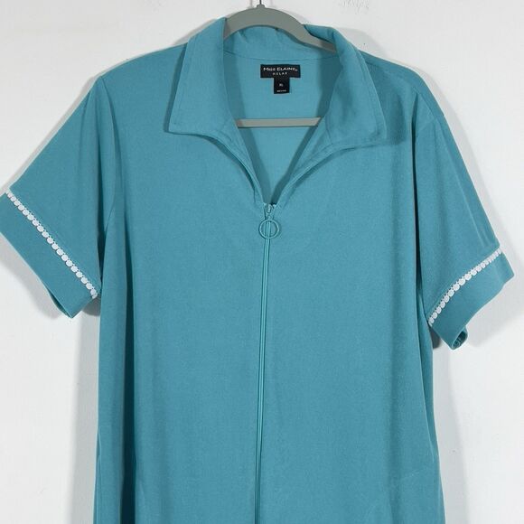 Miss Elaine Relax Full Zip Robe Dress Womens Sz XL Aqua Green Terrycloth Pockets - Picture 2 of 11